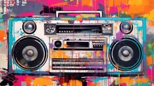 Generative AI, Grunge Audio Recorder, Pop Art Graffiti, Vibrant Color. Ink Melted Paint Street Art On A Textured Paper Vintage Background