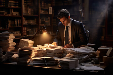 Poster - Portraying unwavering commitment, an attorney is immersed in work late into the night, encircled by towering stacks of legal paperwork.