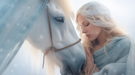 hugging the horse. beautiful young albino loves mares. walk alongside them in a dreamy composition, fog, tenderness