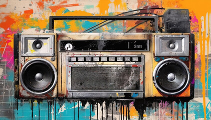 Wall Mural - Generative AI, Grunge audio recorder, pop art graffiti, vibrant color. Ink melted paint street art on a textured paper vintage background