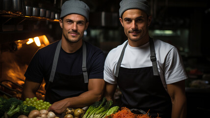 two male chefs are preparing food in kitchen