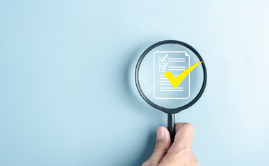 Leinwandbilder - Quality Certificate and Checklist document analyst target marketing planning assignment with quality management. Standardization, certification. Compliance to regulations service and standards.