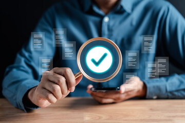 Leinwandbilder - Quality Certificate and Checklist document analyst target marketing planning assignment with quality management. Standardization, certification. Compliance to regulations service and standards.