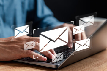 Poster - Businessman sending email by laptop computer to customer, business contact and communication, email icon, email marketing concept, send e-mail or newsletter, online working internet network.