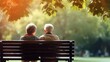 Generative AI image of a copy space banner, close-up shot of a couple of happy elderly people sitting on a wooden bench in a beautiful green park during morning daylight