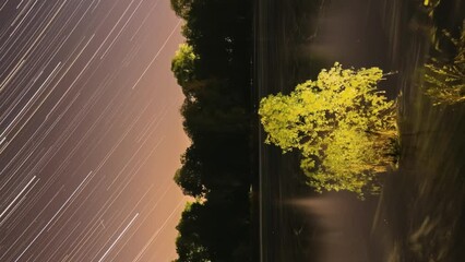 Wall Mural - Timelapse Night Sky Above River. Star Trails On Night Sky Background. Star Lines Move In Sky. Night Sky Turns Into Morning. Amazing Starry Effects. From Dusk To Dawn. Dawn Is Coming. Time Lapse Time