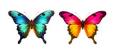 Fototapeta Motyle - Generative AI image of a Set two beautiful colorful bright multicolored tropical butterflies with wings spread and in flight isolated on white background, close-up macro