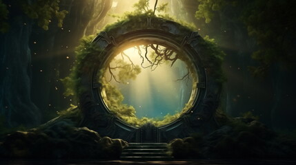 Wall Mural - Round stone portal gate in the forest, an abandoned temple. Path made of stones in the forest, gateway in jungle