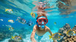 Child in snorkeling mask dives underwater