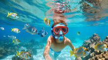 Child In Snorkeling Mask Dives Underwater