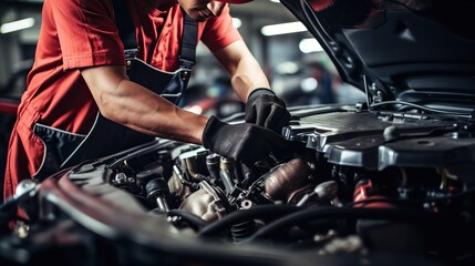 Auto mechanic working on car engine in auto repair shop. Car service and maintenance concept.