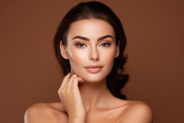 Wall Mural - smiling woman enjoying beauty treatment on brown background. AI Generated