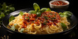 Leckere Spaghetti mit Basilikum und Parmesan auf dem Teller wunderschön angerichtet im Querformat für Banner, ai generativ