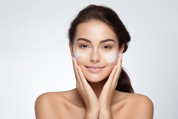 Wall Mural - smiling woman enjoying beauty treatment on white background. AI Generated