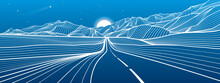 Road In The Mountains. Outline Illustration On Blue Background. Night Landscape. Snow Hills. Moon And Stars. Vector Design Art