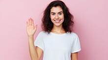 Full Body Portrait Of Satisfied Young Person Arm Palm Waving Hello Hi Isolated On Pink Color Background