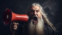 Portrait of old bearded man emotionally screaming in megaphone loudspeaker. 