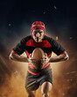© master1305 - Young man, professional rugby player in uniform standing with rugby ball over dark stadium with flashlight and mist. Concept of professional sport, competition, motivation, game, championship