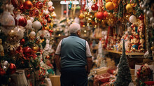 Senior Man From The Back Standing In A Colorful Christmas Decorated Shop Supermarket Interior Choosing Party Holiday Festive Decor.