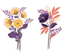Abstract Flowers Bouquets, Purple, Violet And Yellow Colors. Vector Illustration.