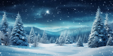 Winter landscape with snow and fir trees as vintage christmas wallpaper