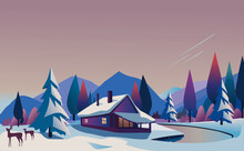 Winter wooden cottage, cabin surrounded by trees and snow, cosy winter landscape, deers, holiday season but not necessarily related to Christmas