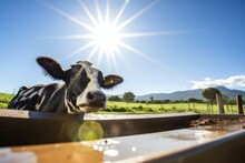 Dairy Cow Drinking From A Water Trough Under The Sun