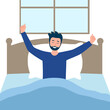 Man wake up in the morning on bed and stretching in flat design.