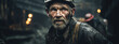 portrait of a dirty miner in a helmet on a dark background.Generative AI