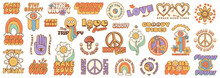 Groovy Hippie 70s Set. Funny Cartoon Flower, Rainbow, Peace, Love, Heart, Daisy, Mushroom. Sticker Pack In Retro Psychedelic Cartoon Style. Collection Of Elements For Design In Funky 60s, 80s Style