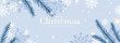 Pale blue New Year and Christmas winter card, poster, banner with Christmas tree branches, snowflakes and stars.
