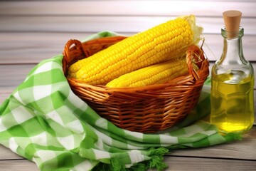 Wall Mural - sweet corn with butter glaze on a basket with a napkin