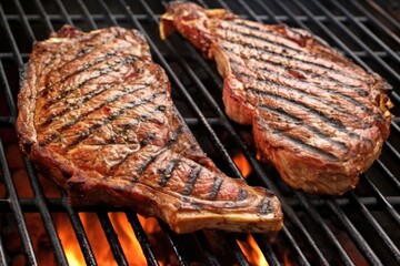 Canvas Print - two t-bone steaks with symmetrical grill marks on rusted grill