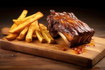 Wall Mural - bbq beef ribs with potato wedges on a wooden board