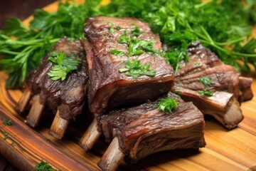 Wall Mural - close-up of tangy bbq beef ribs with parsley garnish