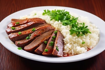 Wall Mural - hearty brisket slices served over plain white rice
