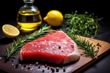 Poster - raw tuna steaks with sesame seeds near a lemon wedge