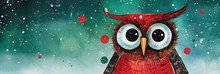Colorful Wise Old Owl Outside In The Winter Snow, Christmas Spirit, Merry And Peacefully Enjoying The Cold Tranquil Night, Bright Red Colorful Feathers - Art Illustration On Canvas.   