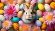 Cute rabbit and colorful Easter eggs. top view.Generative AI