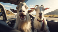 Funny Goats Driving With A Car.Generative AI