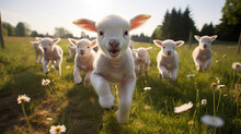 Happy Lambs Run In The Meadows.Generative AI