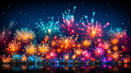 Wall Mural - fireworks in the city skyline at night