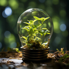 Eco light bulb on the blurred plants and greenery background, concept of renewable energy saving and environmental sustainability