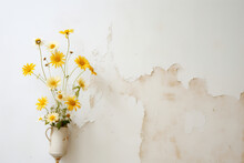 White And Yellow Daisy On A Cracked Wall. Generative Ai