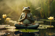 Meditierender Frosch auf einem Seerosenblatt. Yoga, Zen, Meditation, Tiere machen Yoga.