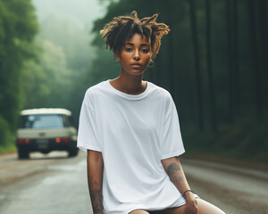 A portrait of a woman wearing an oversize blank plain white tshirt mockup dress, outdoors in nature sat on a road with car in background and misty forest