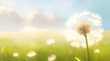 Fototapeta Na sufit - This image shows a field of dandelions blowing in the wind. The dandelions are in full bloom, with their white seeds floating away in the wind