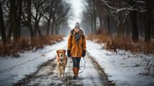 Young Woman Walking With Her Dog In The Park On A Winter Day.