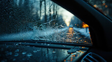 View from inside of car on broken drops on windshield and road with cars in winter background.