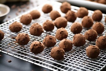 Sticker - gourmet chocolate truffles on a cooling rack after rolling